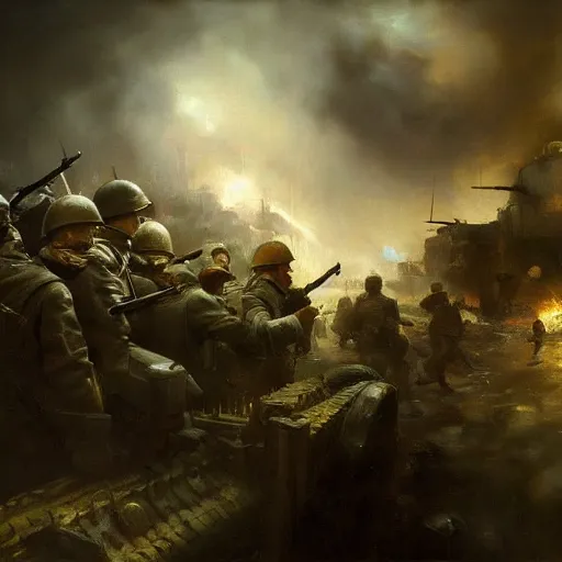 Prompt: high quality oil painting of a world war II scene by Rembrandt and Raymond Swanland, dark background, high fantasy, perfect lighting, 8k, HD