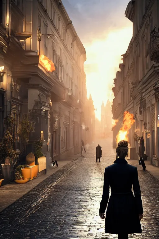 Image similar to in the foreground a street in Saint Petersburg, in the background a blonde woman from the back completely on fire wearing a long matrix-style jacket, realistic, high definition, many details, dramatic scene, detailed and realistic hands, symmetrical face, realistic eyes , art of unreal engine 5