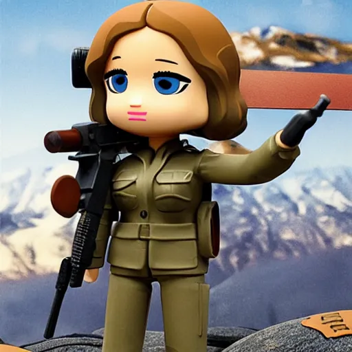 Prompt: jennifer lawrence, camp, ak 4 7, nendroid, stephen bliss style