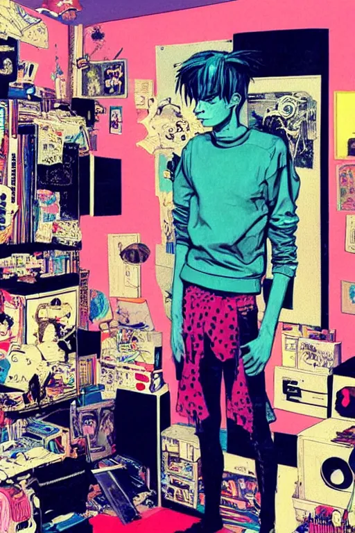 Image similar to a skinny goth guy standing in a cluttered 9 0 s bedroom by jamie hewlett, jamie hewlett art, full body character concept art, vaporwave colors, digital painting, hd, ultra hd, detailed, award winning, small details, artgerm,