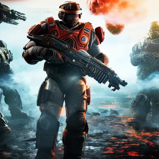 Image similar to Donald Trump as Masterchief in gears of war, splash art, movie still, detailed face, photorealistic facial features, cinematic lighting, dramatic, octane render, long lens, shallow depth of field, bokeh, anamorphic lens flare, 8k, hyper detailed, 35mm film grain