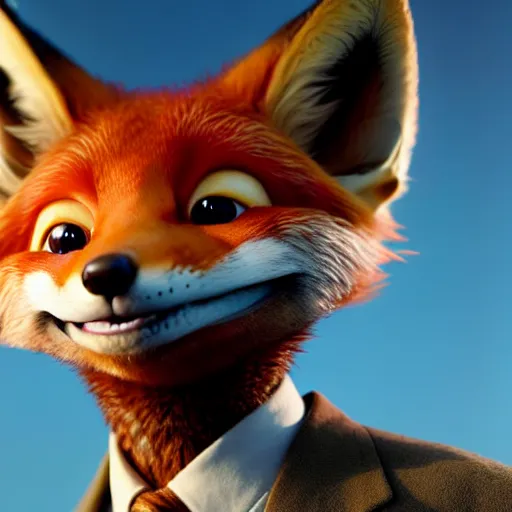 Image similar to weta disney pixar movie still macro close photo of smiling anthropomorphic fox wearing a suit : : by weta, greg rutkowski, wlop, ilya kuvshinov, rossdraws, artgerm, octane render, iridescent, bright morning, anime, liosh, mucha : :
