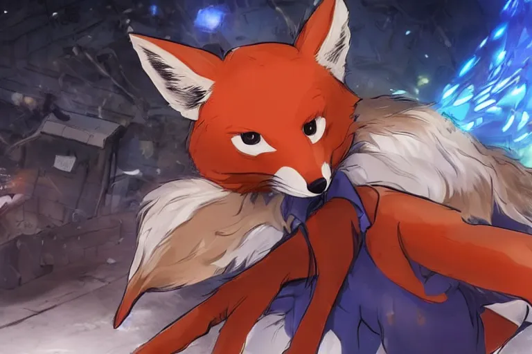 Image similar to a furry tan male fox on a persona 5 : royal ( by atlus ) video game splash screen, a furry male sandcolored tan fox fursona ( has hair ), persona 5 phantom thief style