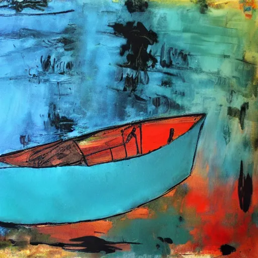 Image similar to a painting of a boat floating on a body of water, an abstract painting by ted degrazia, reddit contest winner, lyrical abstraction, mixed media, acrylic art, oil on canvas