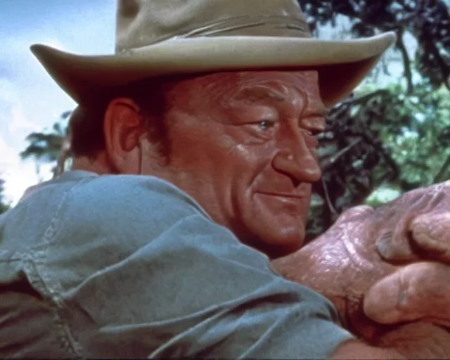 Prompt: john wayne as alan grant in jurassic park (1993), petting triceratops, movie still