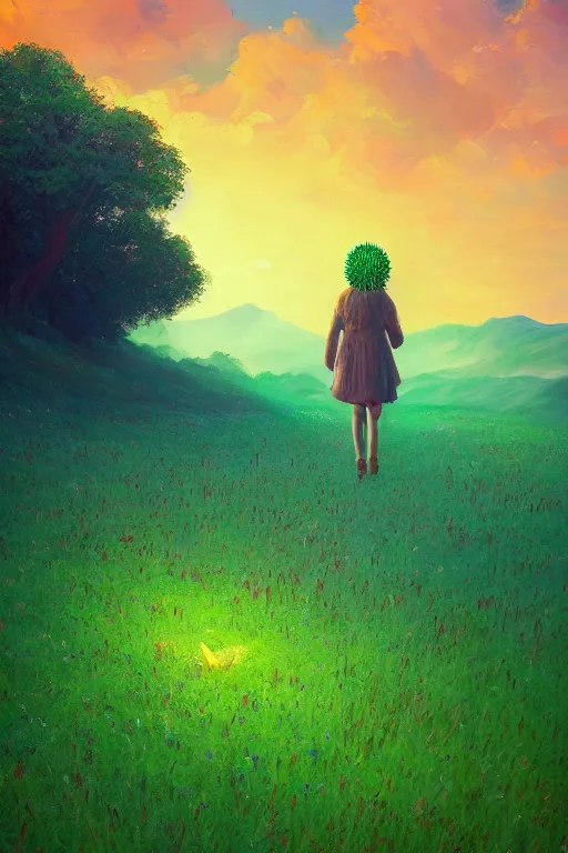 Image similar to giant corn flower head, girl walking in a green valley, surreal photography, sunrise, dramatic light, impressionist painting, colorful clouds, digital painting, artstation, simon stalenhag