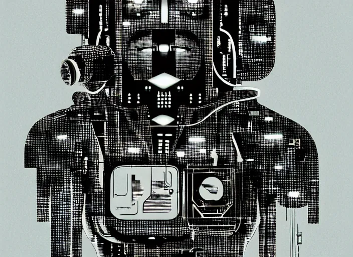 Image similar to is it a man or a machine, colorful, illustration by Mads Berg and Karolis Strautniekas,small finely stippled light, dramatic lighting,fine texutre, editorial illustration, detailed,katsuhiro otomo, dynamic composition,moody, cinematic, film grain