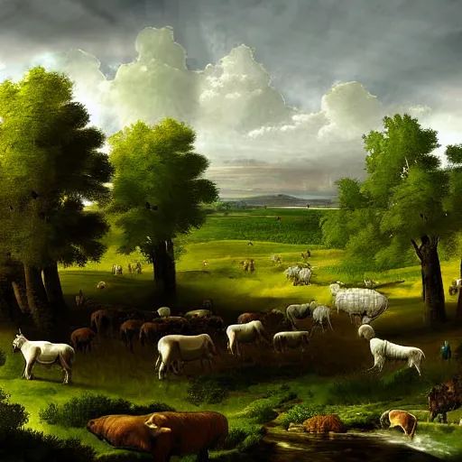 Prompt: a pastoral landscape being disassembled by nanomachines digital art high resolution