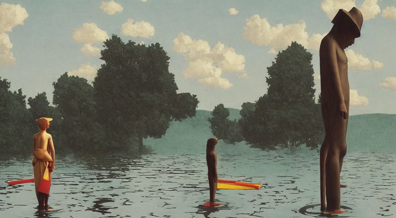 Prompt: single flooded! simple wooden water statue, very coherent and colorful high contrast!! masterpiece by rene magritte simon stalenhag carl spitzweg syd mead norman rockwell edward hopper james gilleard, minimalist, dark shadows, sunny day, hard lighting