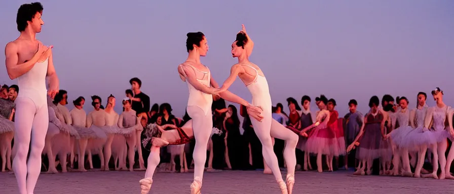 Image similar to contemporary russian ballet performance in los angeles at sunset, at venice beach, event photography, canon 5 0 mm ektachrome