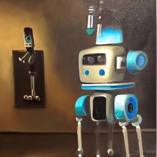 Prompt: A beautiful oil painting of a robot painting an oil painting