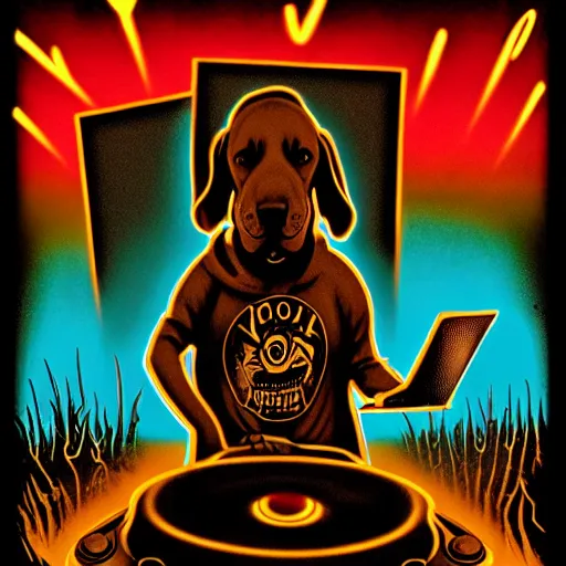 Image similar to poster for the brown hound dog pup - hooded mad mutt mixing industrial music on a laptop in an apocalypsecore setting, as strange colored lighting covers the rusty walls.