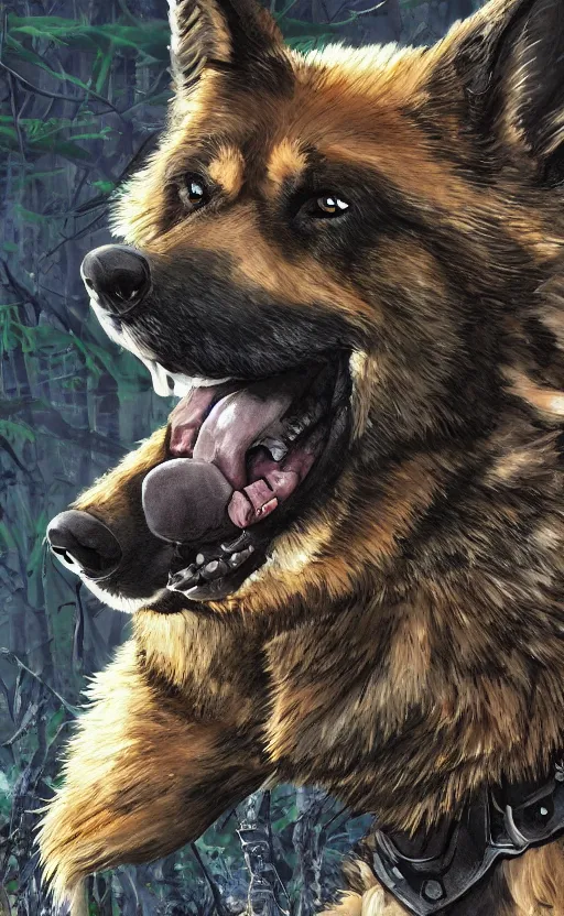 Image similar to close up character portrait icon of the german shepard beast - man military uniform head animal person wearing clothes standing in the bright forest, hidari, color page, tankoban, 4 k, tone mapping, akihiko yoshida