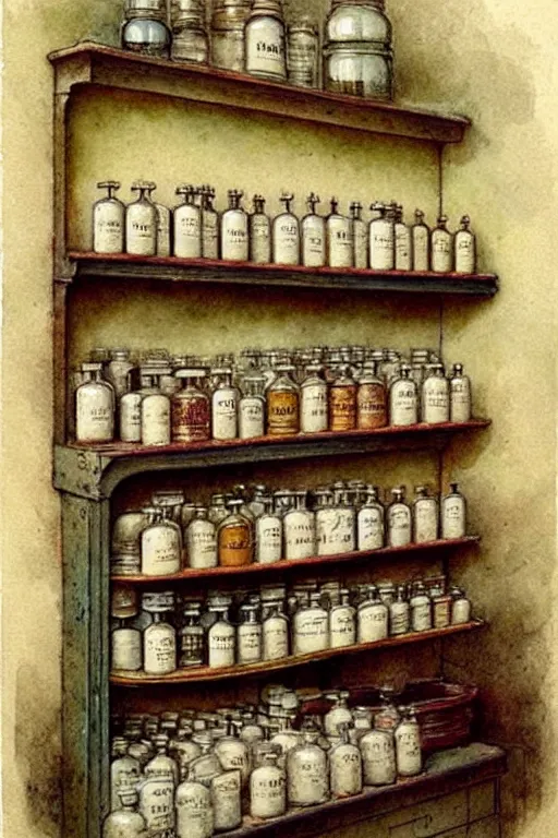 Prompt: ( ( ( ( ( 1 9 5 0 s apothecary shop. muted colors. ) ) ) ) ) by jean - baptiste monge!!!!!!!!!!!!!!!!!!!!!!!!!!!