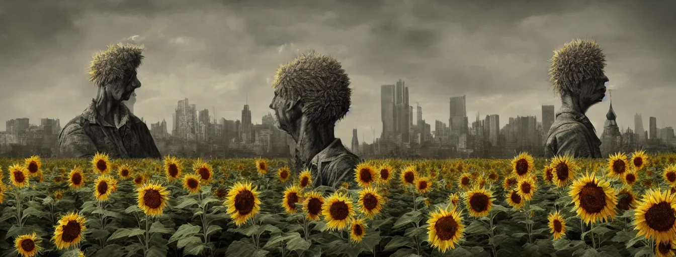 Prompt: old soldiers head being overgrown by sunflowers, Minsk and Moscow in background, dark, eerie, despair, portrait photography, artstation, digital art, adward winning, concept art, artstation, highly detailed, sharp focus, by caravaggio