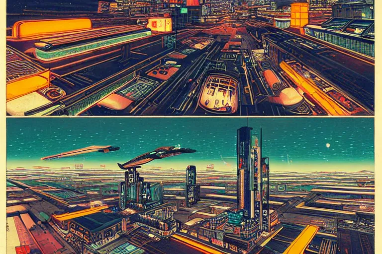 Image similar to cyberpunk buildings with a flight vehicle glowing in the sky, neon sign, bottom view ， bladerunner, by hiroshige utakawa