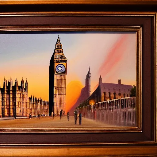 Image similar to detailed, soft, dynamic painting of the Big Ben on fire, professional painting, at dusk