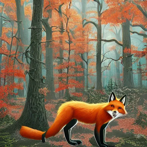 Image similar to a red fox and a ginger teen girl at dark forest where trees are huge, ultra realistic by ori toor and escher