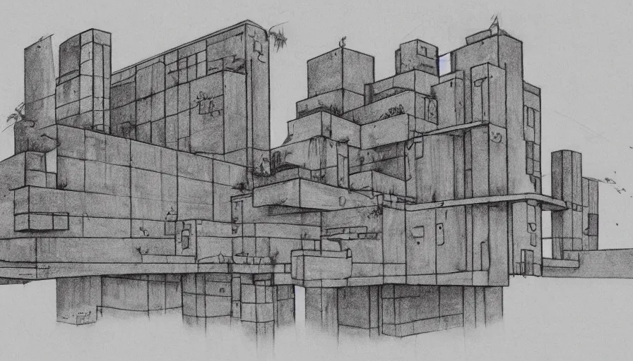 Image similar to big brutalist villain base, drawing architecture