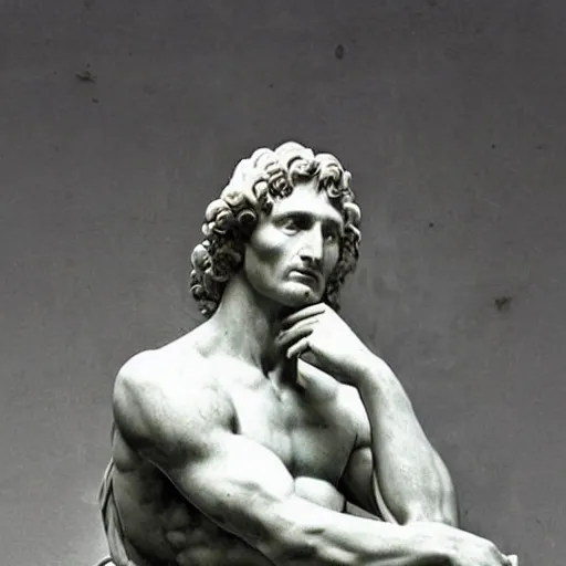 Image similar to “1800s era photograph of Michelangelo sculpting marble statue of Matthew McConaughey as David, hyperrealistic, hd, faded, cracked, stained”