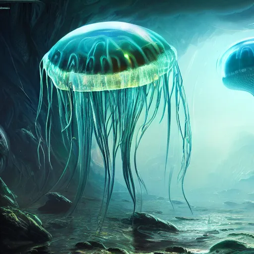 Image similar to photorealistic alien jellyfish world in the style of greg rutkowski and michael whelan. hyperdetailed photorealism, 1 0 8 megapixels, amazing depth, glowing rich colors, powerful imagery, psychedelic overtones, 3 d finalrender, 3 d shading, cinematic lighting, artstation concept art