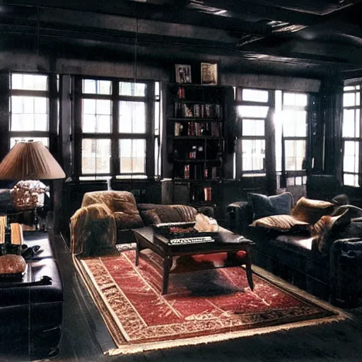 Prompt: a living room with the furniture hanging on visible black ropes from the ceiling. Long shot from a movie.
