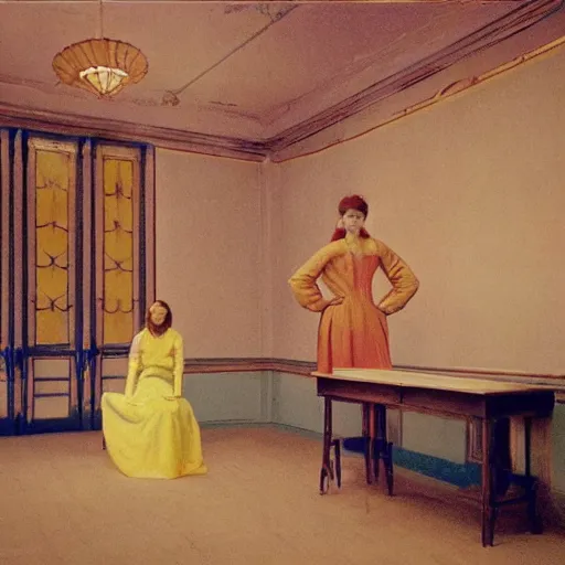 Image similar to a beautiful shiny girl in an soviet golden liminal abandoned room, film still by wes anderson, depicted by balthus, limited color palette, very intricate, art nouveau, highly detailed, lights by hopper, soft pastel colors