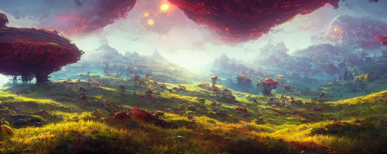 Image similar to ” otherwordly landscape rolling hills, [ cinematic, detailed, epic, widescreen, opening, establishing, mattepainting, photorealistic, realistic textures, octane render, art by paul lehr ] ”