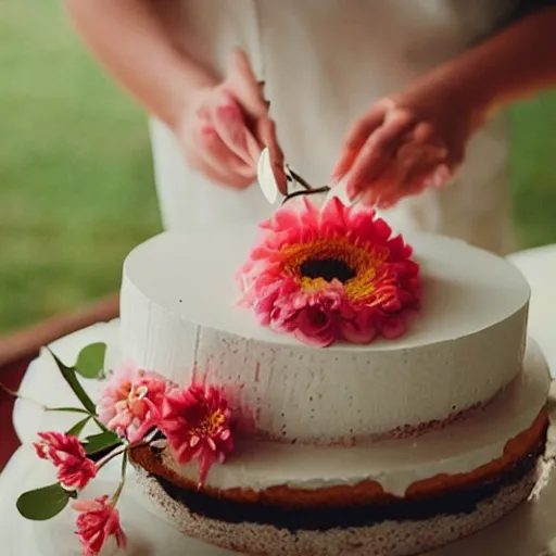 Prompt: a flower eating cake