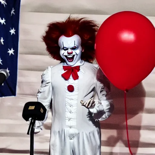 Image similar to Pennywise the clown (2017) giving an official speech as president of the USA in front of the USA flag, 4K realistic award-winning