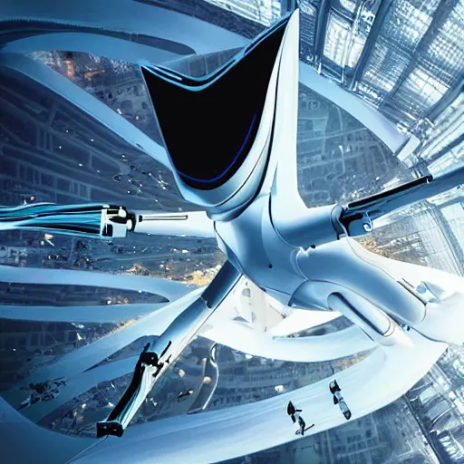 Image similar to robot works and fly in Zaha Hadid in fantasy world