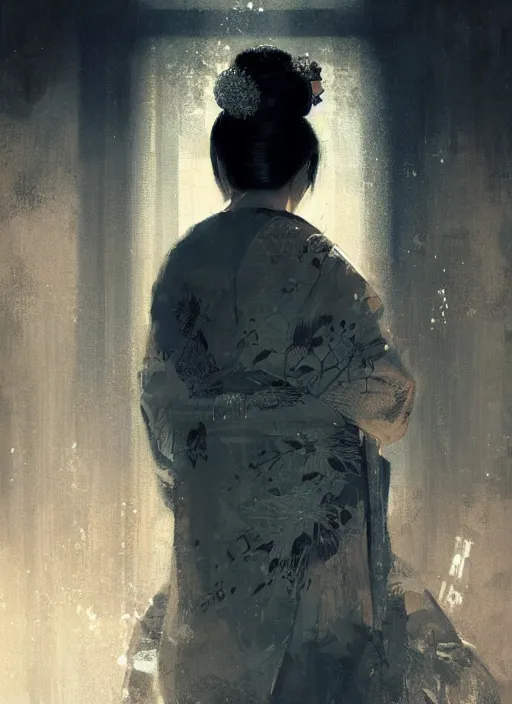 Image similar to female geisha girl, beautiful face, rule of thirds, intricate outfit, spotlight, by greg rutkowski, by jeremy mann, digital painting