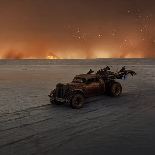 Image similar to mad max vehicle with skis as wheels driving on water on a desert lagoon, cinematic, intricate lighting, atmosphere, highly detailed, sharp focus, movie still