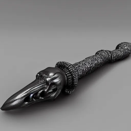 Prompt: a black sword skull handle, ornament, on a gray background, a 3 d render by dom qwek, raytracing, trending on polycount, futurism, hard surface modeling, rendered in maya, artstation hd