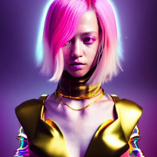 Image similar to hyperdetailed portrait of a stunningly beautiful cyberpunk cutie with blonde hair guard made of iridescent metals and shiny pink gems, bright rainbow nimbus, gold necklace, gold background inspired by ross tran and masamune shirow and kuvshinov, intricate, photorealistic, octane render, rtx, hdr, unreal engine, dnd digital art by artgerm