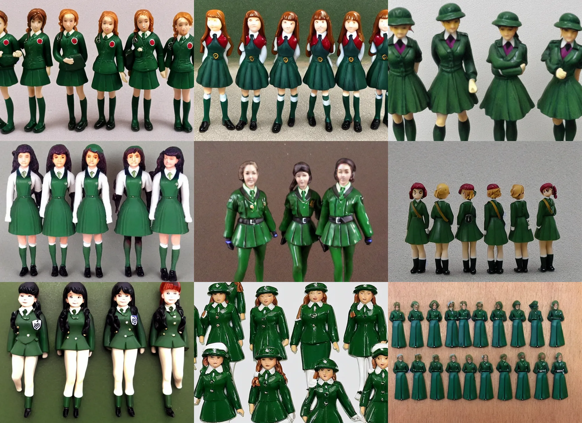 Prompt: Image on the store website, eBay, Full body, 80mm resin detailed miniature of five school girls in deep green uniforms