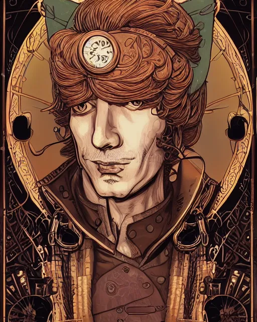 Image similar to a detailed portrait illustration of a steampunk tech - sorcerer. handsome male face, ginger. art nouveau, pop art, comic book style. influenced by neil gaiman, h. p. lovecraft, dan mumford, brian froud, heade, killian eng, ross tran.