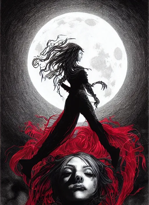 Image similar to portrait, A witch in front of the full big moon, book cover, red white and black colors, dramatic lighting, cinematic, establishing shot, extremly high detail, foto realistic, cinematic lighting, intricate line drawings, by Yoshitaka Amano, Ruan Jia, Kentaro Miura, Artgerm, post processed, concept art, artstation, matte painting, style by eddie mendoza, raphael lacoste, alex ross