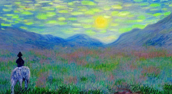 Image similar to lone wolf in the scottish highlands dreamy monet apocalyptic, acrylic painting