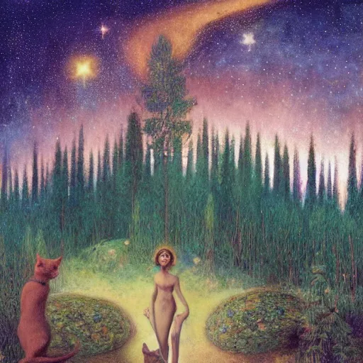 Prompt: psychedelic amber eyes cat eyes lush pine forest, outer space, milky way, designed by arnold bocklin, jules bastien - lepage, tarsila do amaral, wayne barlowe and gustave baumann, cheval michael, trending on artstation, star, sharp focus, colorful refracted sparkles and lines, soft light, 8 k 4 k