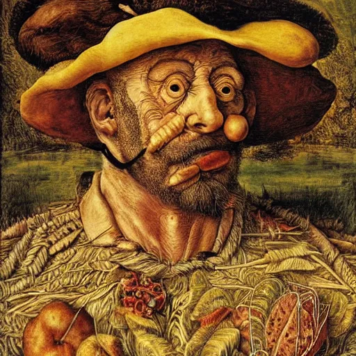 Prompt: Farmer tilling his field by Giuseppe Arcimboldo,