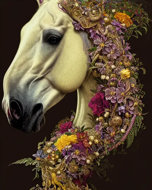 Prompt: side portrait of the horse of iridescent decay, uniquely beautiful animal, with flowers and plants, emotionally evoking symbolic metaphors, in focus, heavily gothic ornamental, intricate, elegant, highly detailed photorealistic digital painting, artstation, concept art, painterly, golden ratio, sharp focus, illustration, art by greg rutkowski and alphonse mucha,