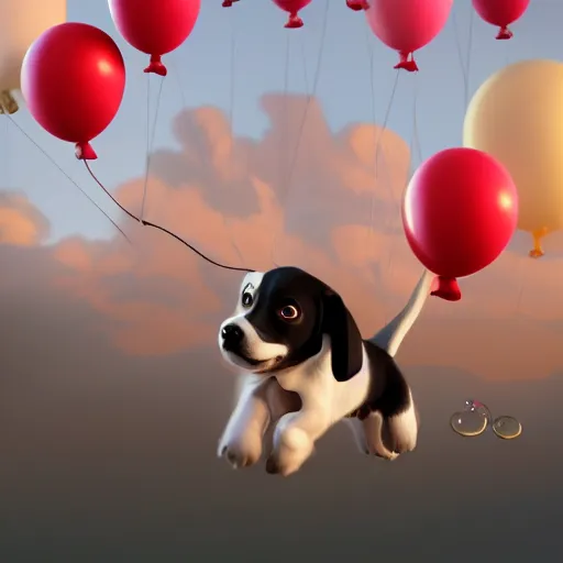 Image similar to puppy flying holding balloons, 8k, fantasy, intricate, cinematic lighting, highly detailed, digital painting, artstation, concept art, smooth, sharp focus, illustration, by Pixar