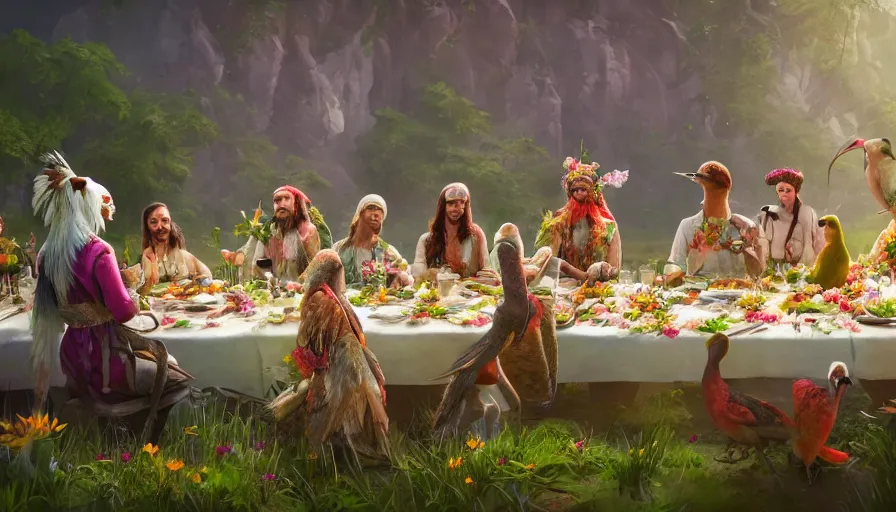 Prompt: a table dinner of exotic birds where birds are dressed like the characters from the midsommar movie wearing flowers, realistic detailed digital art by maxwell boas jessica rossier christian dimitrov anton fadeev trending on artstation cgsociety rendered in unreal engine 4 k hq