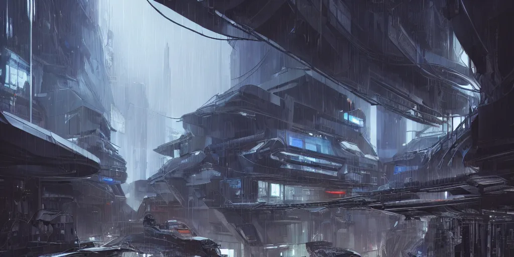 Prompt: a futuristic exterior mass effect and bladerunner building, multi - layer, large pipes, metal cladding wall, lots of wires, very back alley, intricate bridges between buildings, some 3 d ads, environment fog, dark and moody, by eddie mendoza, syd mead