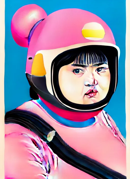 Prompt: portrait of a cute fat girl with a gun in a racing helmet by shusei nagaoka kaws david rudnick airbrush on canvas pastell colors cell shaded 8 k