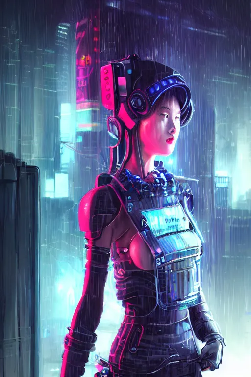 Image similar to portrait futuristic tawny cyberpunk young female Paladin, in futuristic heavily raindrop tokyo rooftop cyberpunk night, ssci-fi, fantasy, intricate, very very beautiful, elegant, neon light, highly detailed, digital painting, concept art, human anatomy, soft light, hdri, smooth, sharp focus, illustration, art by tian zi and craig mullins and WLOP and alphonse mucha