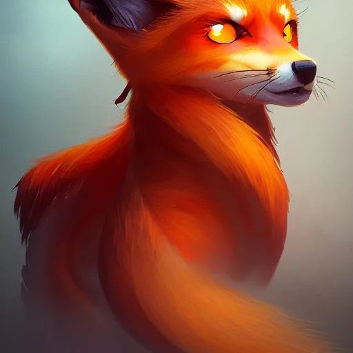 Image similar to A full-length portrait of a beautiful fire fox with nine tails，full of details, concept art, smooth, by Kittichai Rueangchaichan and wlop ，trending on cgsociety and artstation，8kHDR，light effect