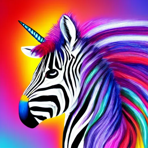 Prompt: beautiful zebra striped unicorn with long bunny ears and long flowing colorful mane, detailed fur hybrid creature character concept detailed painting 4 k