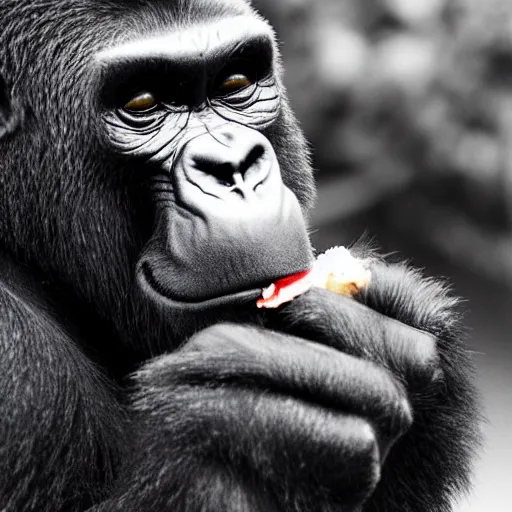 Image similar to realistic detailed sharp 35mm photo of a gorilla eating a burger at McDonald's